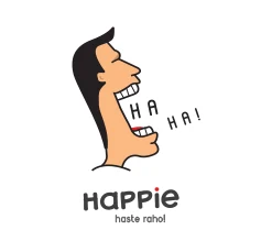 Happie logo: a laughing man saying ha ha, with the words haste raho