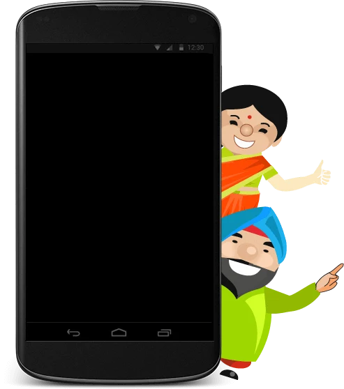An Android phone held up by two cartoon characters in Indian dress