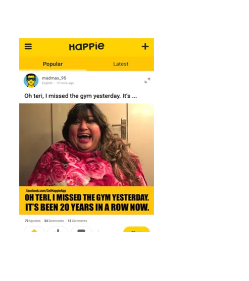 Happie feed screen with Popular and Latest tabs, a joke post and upvote, downvote and comment counters