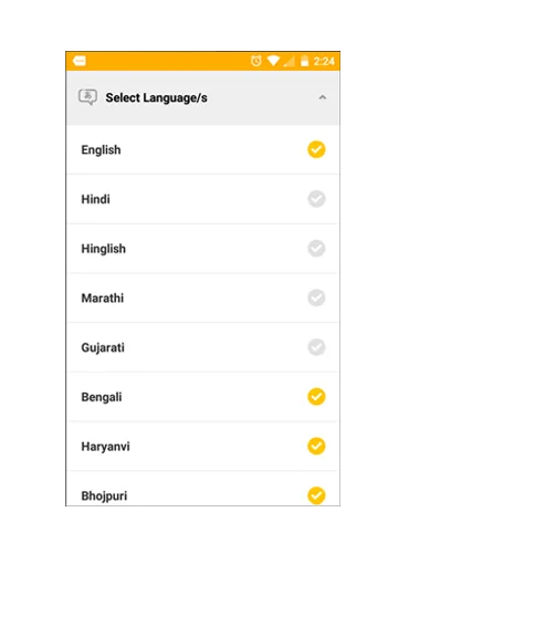 Happie language picker with English, Hindi, Hinglish, Marathi, Gujarati, Bengali, Haryanvi and Bhojpuri