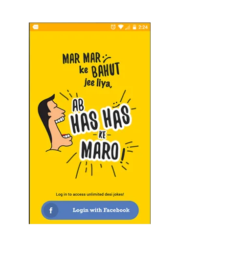 Happie login screen: Mar mar ke bahut jee liya, ab has has ke maro! Log in to access unlimited desi jokes.